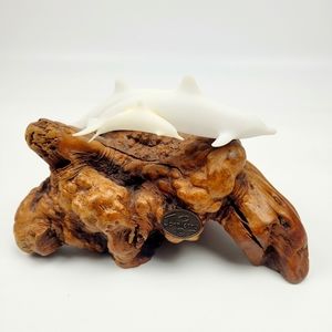Vintage John Perry Dolphin Family Sculpture on Burl Wood